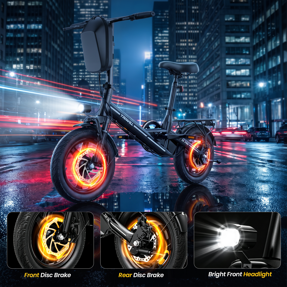 Electric Bike for Adults and Teens, 1000W Peak Motor, 22 MPH, 14" Ebike 30 Miles Max Range, 36V Battery, 264LBS Max Load, Disc Brakes, E-bike with Storage Bag and Rear Rack for Commuting