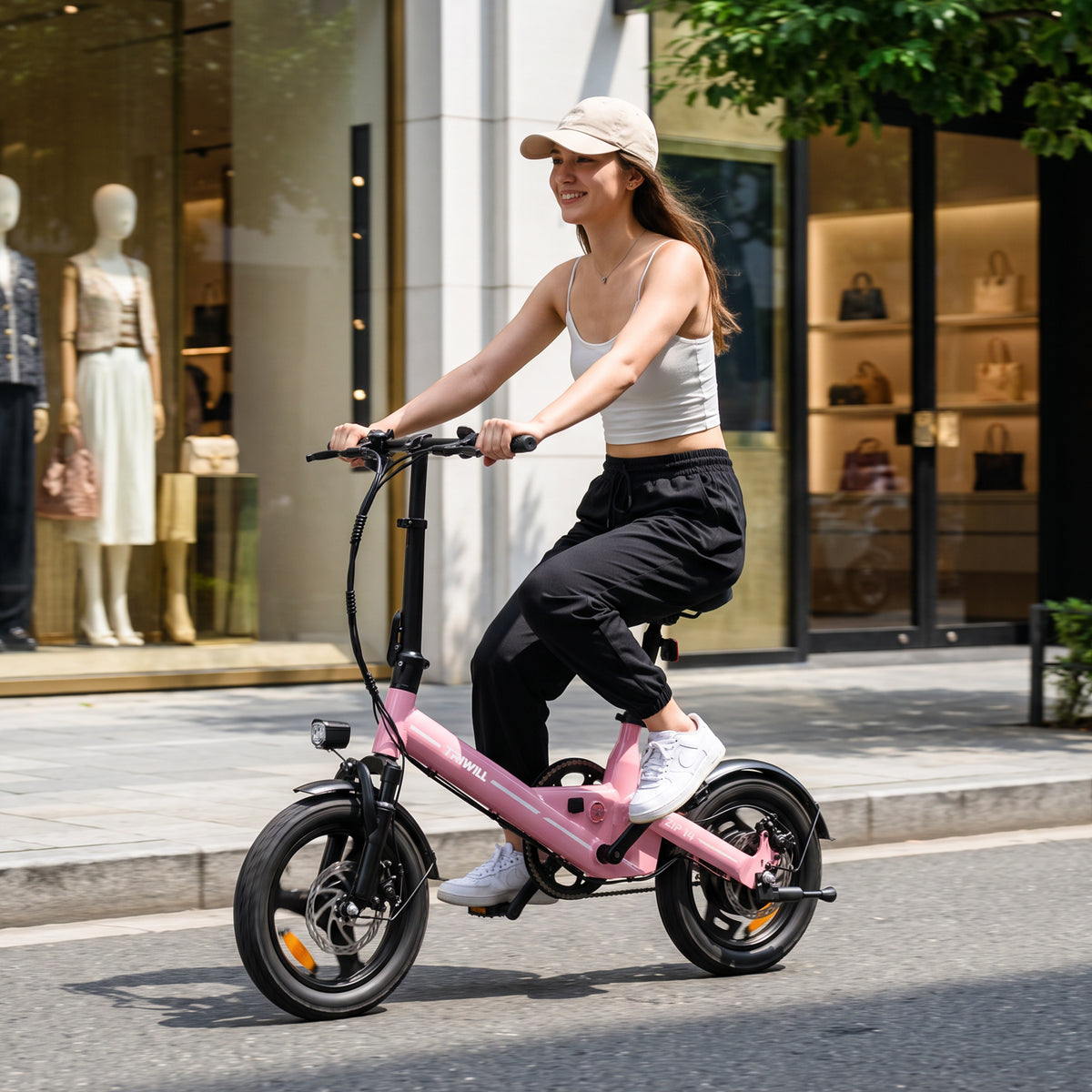 Electric Bike for Adults & Teens, 1000W Peak Motor, 14" Tire Commuter Ebike UP to 25 Miles Range, 22 MPH Top Speed, 36V 7.8Ah Battery, 264 lbs Max Load, Dual Disc Brakes, Mini E-bike for Commuting,Pink